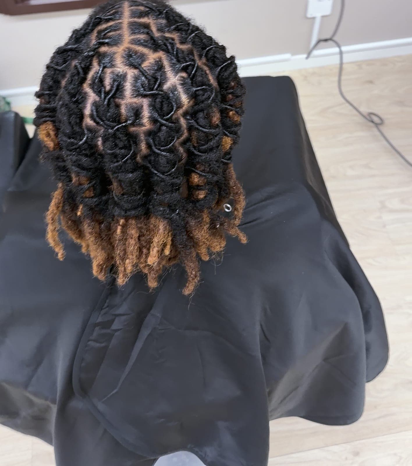 Frisch nachgedrehte Locs mit sauberem Scheitelraster, von hinten